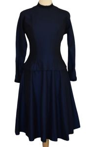 Vintage 40s Navy Blue Day Dress, Black Velvet and Lace Ribbon Trim, Dropped Waist, Fit and Flare