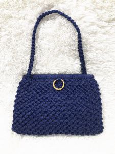 Vintage 70’s Macramé Purse, Navy Blue Boho Crochet Shoulder Bag with Wooden Handle Rings