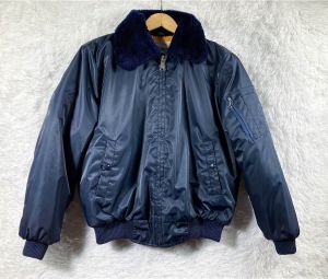 L/ Men’s Vintage 70’s Work Bomber with Faux Fur Collar, Navy Blue Puffy Jacket with Orange Interior