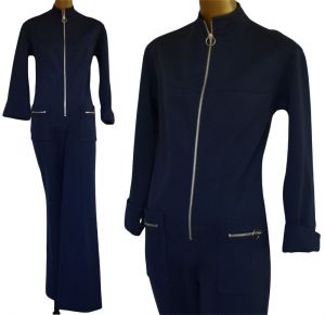 60s Mod Zip Front Jumpsuit, Navy Blue with Silver Ring Metal Zipper by Kimberly, Vintage 1960s
