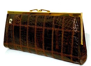 70s Pierre Cardin Snakeskin Logo Clutch | Mod Brown & Gold Chain Shoulder Strap Bag 