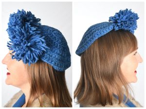 1940s Hat |  Vintage 40s Pom Pom Tilt Crocheted Hat | Blue Yarn | Genuine Handmade 1940s Winter Hat - Fashionconstellate.com