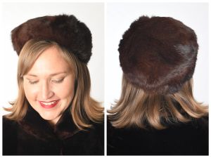 Vintage Mid 40s to Mid 50s Dark Brown Genuine Rabbit Fur Winter Pillbox Hat by Ferncroft 