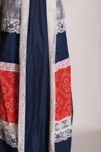 1970s Navy Blue, White and Red Patchwork and Lace A Line Ankle Length Skirt by Carefree Fashions - Fashionconstellate.com