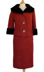 50s Skirt Suit, Pink and Black Hounds Tooth Wool Suit, By Prooth, Faux Fur Collar and Cuffs Vintage - Fashionconstellate.com