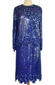 90s Sequined and Beaded Silk Blouse and Skirt Set, Royal Blue Scalloped Top and Skirt Ensemble - Fashionconstellate.com