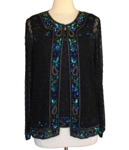 90s Sequined Silk Evening Jacket Blouse Set 3-D Floral Paisley Design Beaded Open Front Cocktail - Fashionconstellate.com
