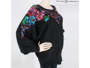 OS Vintage 80s Maggie Lawrence Black Rainbow Sequin Batwing Oversized Pride Sweater Beverly Goldberg