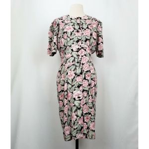 90s Dress Black Pink Floral Print Button Front by Success Dress| Vintage 6P Petite