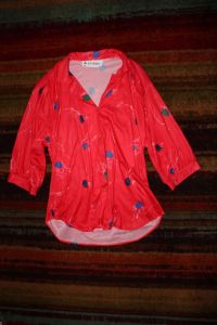 M/ 80s Red Abstract Floral Print Shirt,  Polka Dotted Flowers Half Sleeve Collared Pullover Top