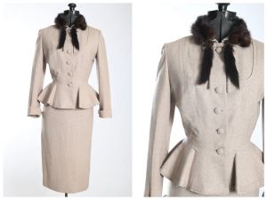 Vintage Late 1950s Tan and Cream Wool Wasp Waist Suit w/Mink Tails by Lilli Ann | Size XXS/XS