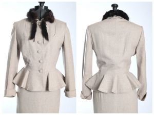Vintage Late 1950s Tan and Cream Wool Wasp Waist Suit w/Mink Tails by Lilli Ann | Size XXS/XS - Fashionconstellate.com