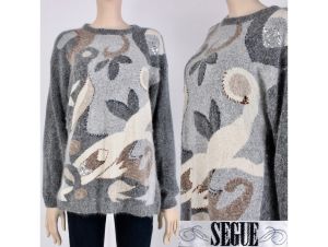 Vintage 1980s SEGUE Gray Silk Angora Abstract Sequin SOFT Knit Sweater | M to XL