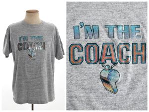Vintage Late 70s Early 80s I'm The Coach Short Sleeve Decal Gray Shirt by Sportswear | Size L/XL