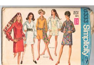 1960s Mini Dress Sewing Pattern - Misses Size 12 Big Collar A-Line Dress Dated 1969 - Long Sleeve
