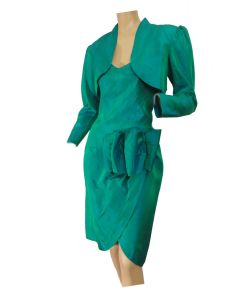 80s Party Dress Green Iridescent Taffeta Strapless with Shrug Jacket Sweetheart Neckline - Fashionconstellate.com