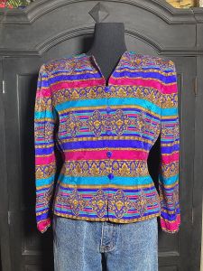 M/ 80’s Colorful Baroque Silk Jacket, Gold and Blue Geometric Colorblock Windbreaker by Papell