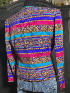 M/ 80’s Colorful Baroque Silk Jacket, Gold and Blue Geometric Colorblock Windbreaker by Papell - Fashionconstellate.com