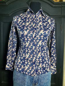 M/ 70’s Dark Blue Floral Disco Shirt, Vintage Flower Print Button Up Top by Dibs of Portland