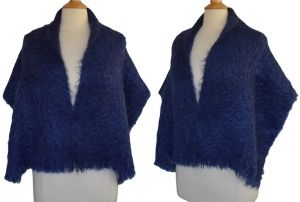 Vintage 70s Blue Mohair Shawl, 1970s Blueberry Self Fringed Scarf, Fluffy Furry Shawl, Netherdale