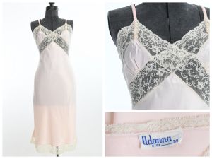 Vintage 1940s Sexy Pink Never Worn Bias Cut Art Deco Satin Lace Slip by Adonna  | Size S/M 34'' Bust