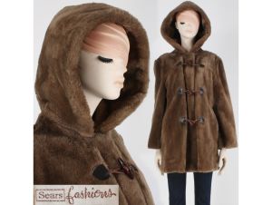 Vintage 70s Sears Brown Faux Fur Vegan Teddy Duffle Winter Coat w/Hood | L/XL
