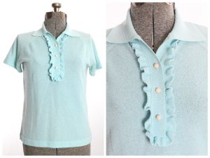 Vintage 1960s Blue Knit Short Sleeve Shirt by Talbott Travler |  Size Large Bust 39''