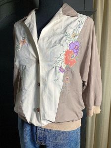 XL/ 80’s Distressed Beige Color Block Shirt with Flower Embroidery, Granny Chic Lightweight Puffy - Fashionconstellate.com