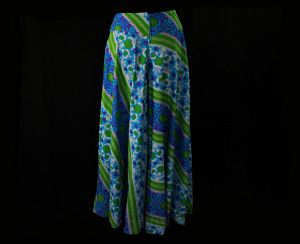 Small Palazzo Pants - 1960s 70s Turquoise Blue Grass Green Purple Striped Floral Polyester Knit - Fashionconstellate.com