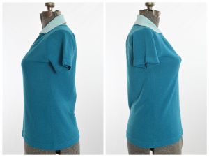 Late 60s Early 70s Vintage Blue Knit Short Sleeve V-Neck Shirt by Talbott Travler | M/L | Bust 38'' - Fashionconstellate.com