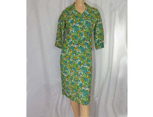 Vintage Mod 60s Skirt Suit Green Blue Gold Floral Linen Print Boxy Jacket Pencil Skirt | S/M - Fashionconstellate.com