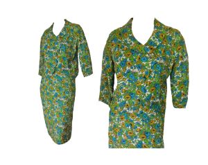 Vintage Mod 60s Skirt Suit Green Blue Gold Floral Linen Print Boxy Jacket Pencil Skirt | S/M