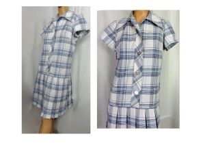Vintage 70s Dress Plaid Schoolgirl Mod Dropped Waist Pleated Skirt Button Front by Kenny Classics