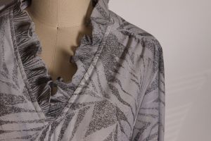 1970s Semi Sheer Gray and Purple Floral Border Print Ruffle Collar Dress - L - Fashionconstellate.com