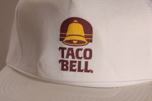 Deadstock 1980s White, Brown and Yellow Novelty Taco Bell Trucker Hat Baseball Cap