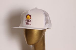 Deadstock 1980s White, Brown and Yellow Novelty Taco Bell Trucker Hat Baseball Cap - Fashionconstellate.com