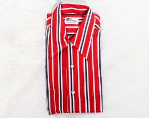 Size 18 Teen Boy's Shirt - As Is Faded 1960s 70s Red White & Blue Cotton Striped Long Sleeve Top