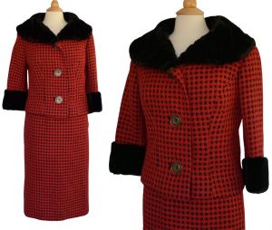 50s Skirt Suit, Pink and Black Hounds Tooth Wool Suit, By Prooth, Faux Fur Collar and Cuffs Vintage