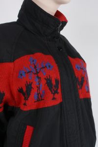 Vintage 80s Reversible Red Black Folk Rooster Knit Puffer Jacket Coat Unisex | XL +/- - Fashionconstellate.com