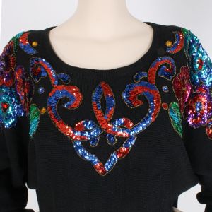 OS Vintage 80s Maggie Lawrence Black Rainbow Sequin Batwing Oversized Pride Sweater Beverly Goldberg - Fashionconstellate.com