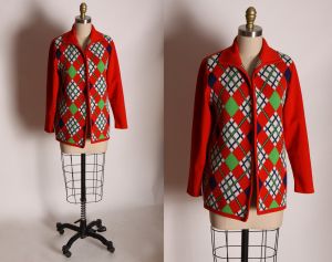 1970s Red, Blue and Green Argyle Christmas Open Front Knit Sweater Cardigan - M/L
