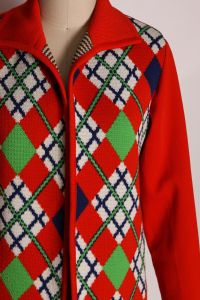1970s Red, Blue and Green Argyle Christmas Open Front Knit Sweater Cardigan - M/L - Fashionconstellate.com