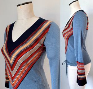 70s V-Neck Pullover w/Tie Waist & Bell Sleeves by Skiva | Blue Striped Bold Colorblock | XS/S - Fashionconstellate.com