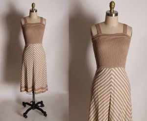 1970s Tan and White Strap Sleeveless Striped Knit Dress by Crissa Linea Italiana - XS