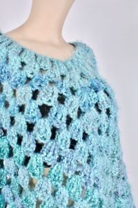 OS Vintage 80s Aqua Blue Soft Fuzzy Crochet Sheer Asymmetrical Poncho Cape - Fashionconstellate.com