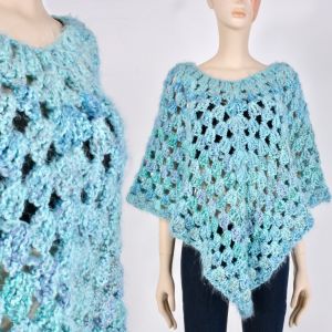 OS Vintage 80s Aqua Blue Soft Fuzzy Crochet Sheer Asymmetrical Poncho Cape