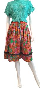 1960s 1970s Psychedelic Floral Print Heavy Cotton Fringed Skirt
