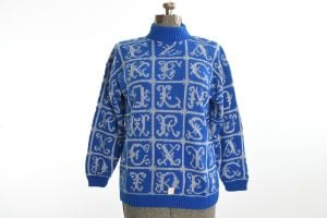 1980s NWT Vintage 80s Early 90s Blue Silver Lurex Alphabet Sweater by Adele Knitwear |  Size L/XL