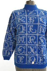 1980s NWT Vintage 80s Early 90s Blue Silver Lurex Alphabet Sweater by Adele Knitwear |  Size L/XL - Fashionconstellate.com