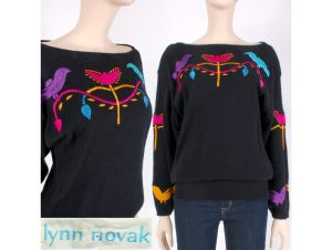 Vintage 1980s Lynn Novak Angora Wool Bold Embroidered SOFT Knit Sweater 80s | S/M